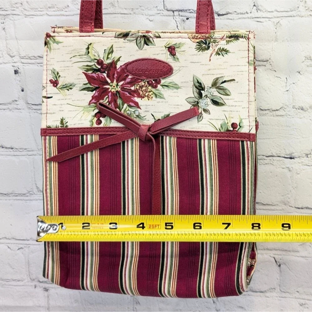 Longaberger Christmas Tote Bag Striped Canvas ~ Holly Poinsettia with Handles
